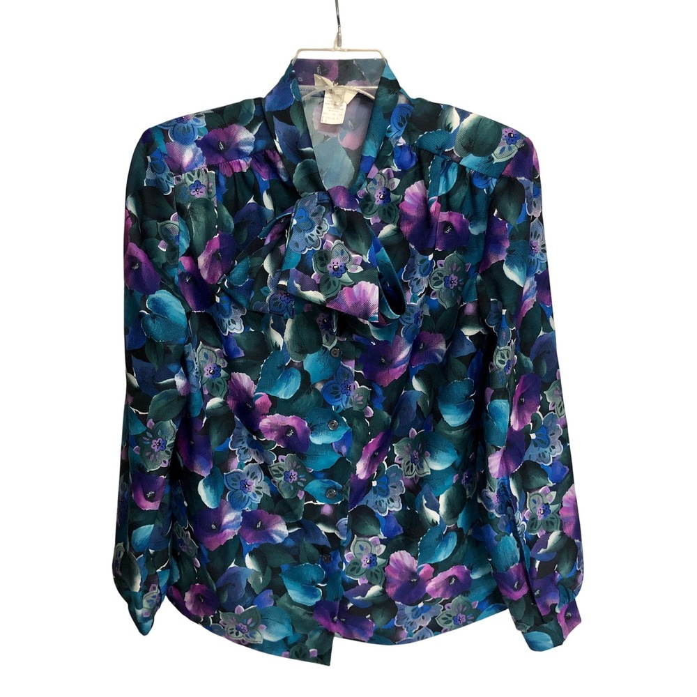 Floral Blouse‎ Womens 8 Teal Purple Vintage Tie Neck Dark Academia Chic Modest